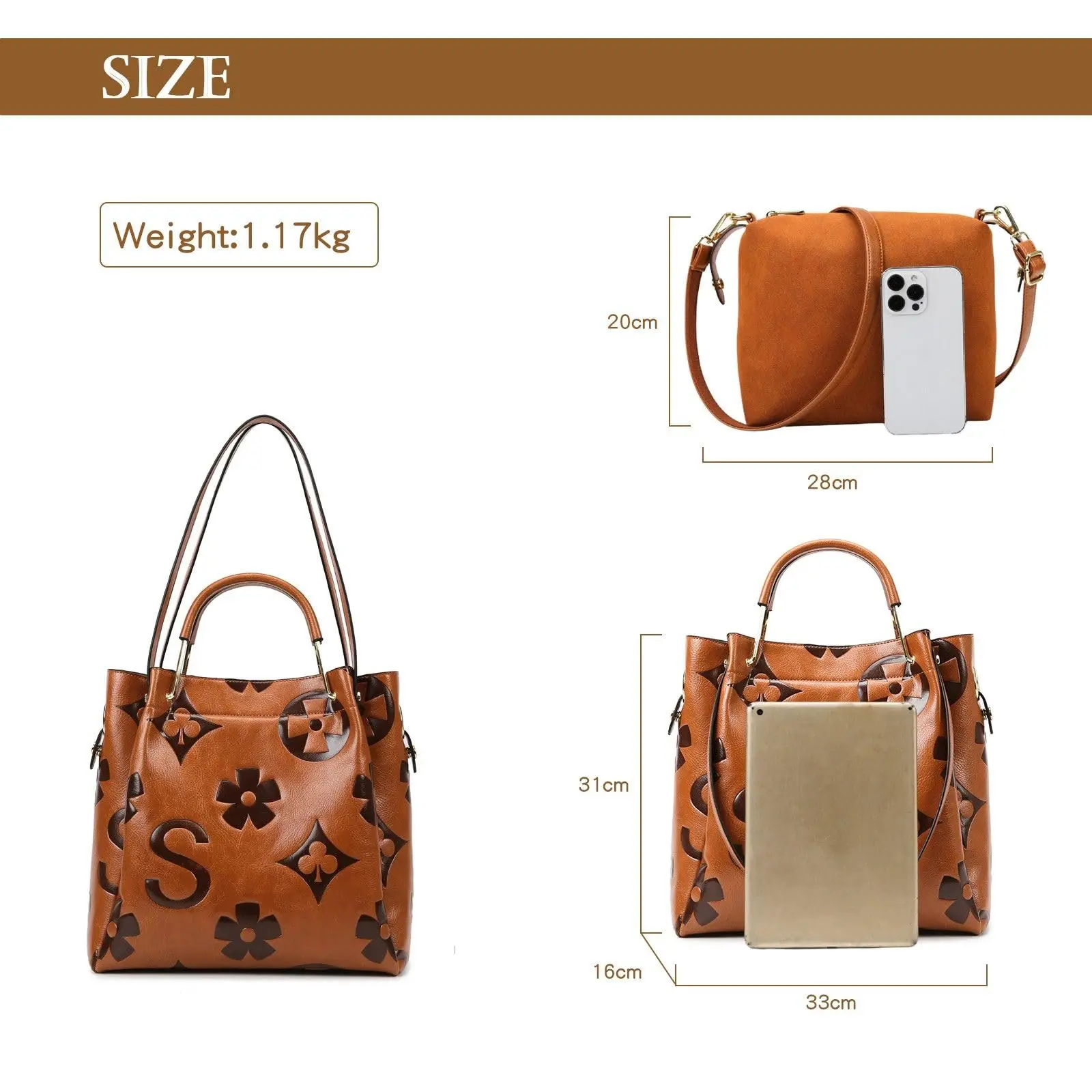 Women's Top-handle Handbags Large Shoulder Bag Embossed Leather Top Handle Handbag Set Ladies Bucket Hobo Tote For Work Travel - Image 3