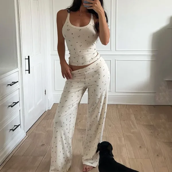 Women's Floral Ribbed Casual Loose Pants Set Sleeveless U-neck Vest Mid Waist Wide Leg Pants Home Wear