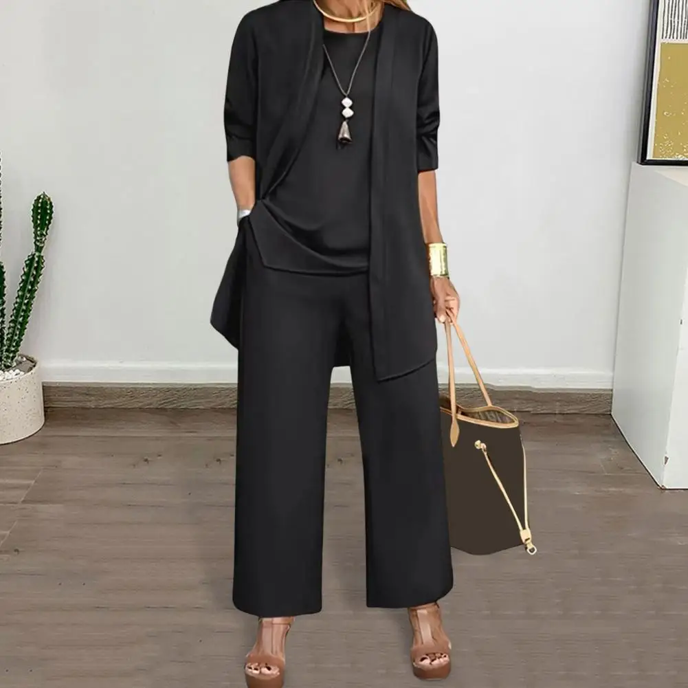 Women Clothes Stylish Women’s 3-piece Pantsuit Set with Long Sleeve Cardigan O Neck Vest Wide Leg Trousers Fall Spring Outfit