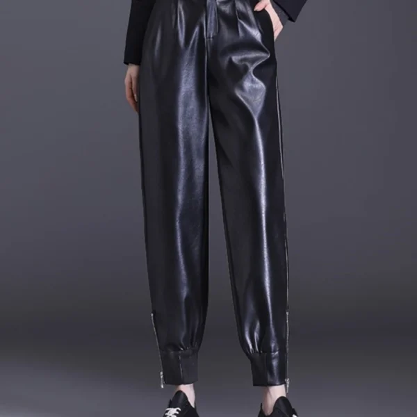 PU Leather Harem Pants For Women Streetwear Punk Motorcycle High Waist Loose Casual Pants Fashion Black Trousers Female
