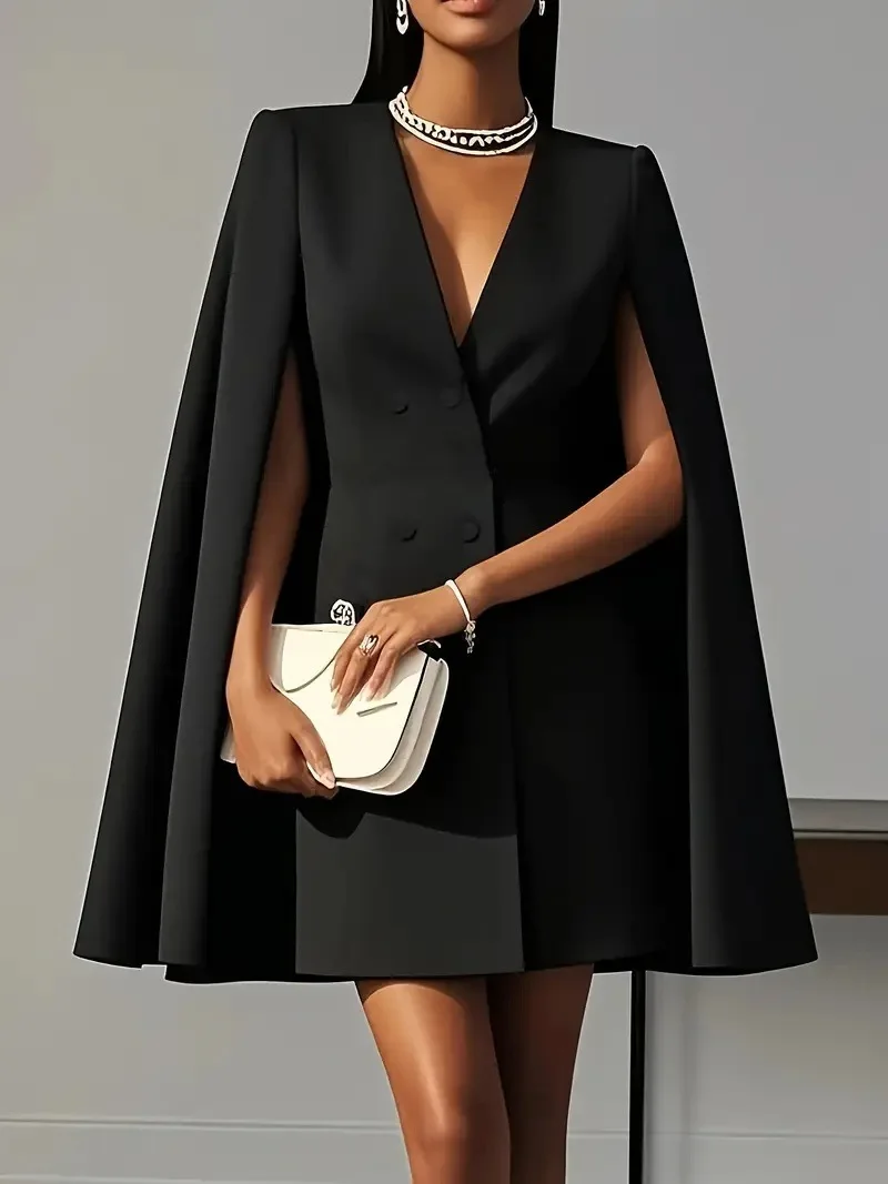 Women's suit dress for autumn office wear, double-breasted cape-like cloak, solid color V-neck suit jacket - Image 3