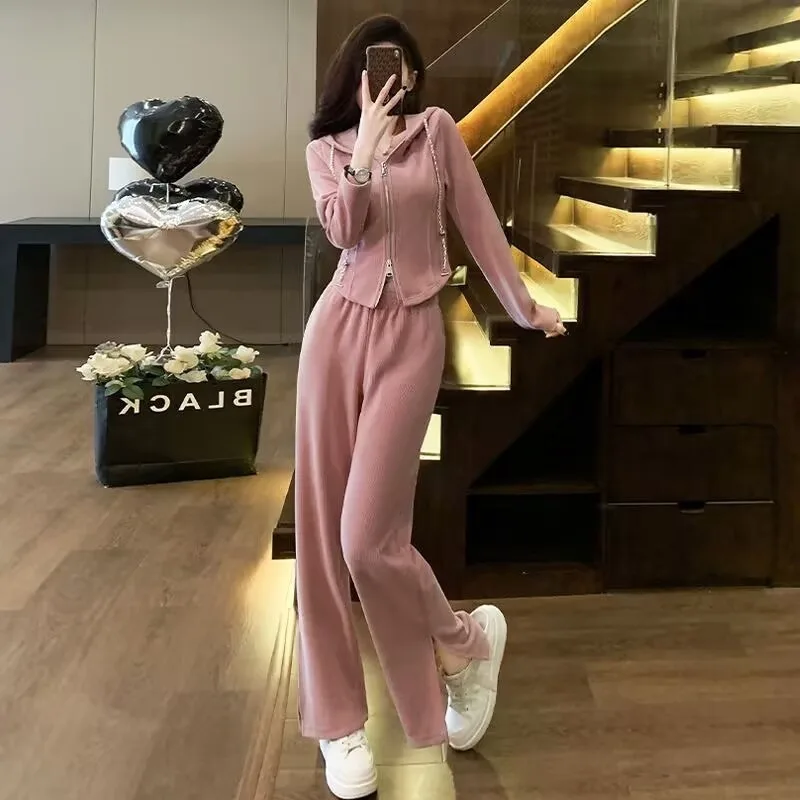 Casual Sports Suit for Women in Spring Autumn New Style Loose Short Hooded Top Drapey Slit Wide Leg Pants Two-piece Set