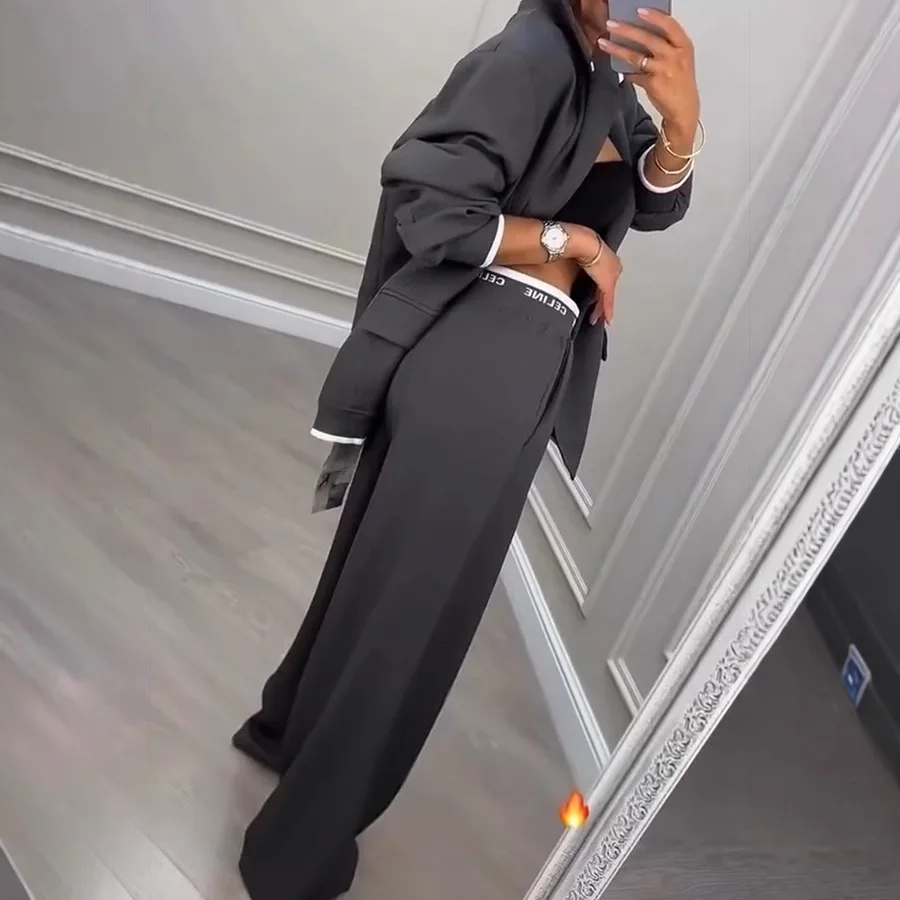 Women Suit Jacket Pants 2 Pieces Set Coat Wide Leg Trousers Outfits Single Breasted Turn Down Collar Office Lady Ensemble Autumn