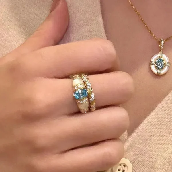 Classic blue jewelry sets dreamy aquamarine gem White Fritillaria ring necklace High quality palace style retro wedding gift