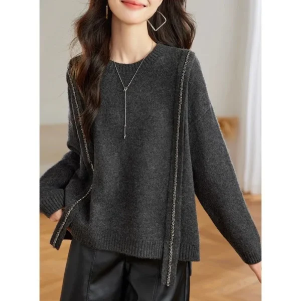 Women's Clothing New Autumn Style Round Neck Sweater Loose Fit to Cover Belly Pullovers Casual Splicing Jumpers