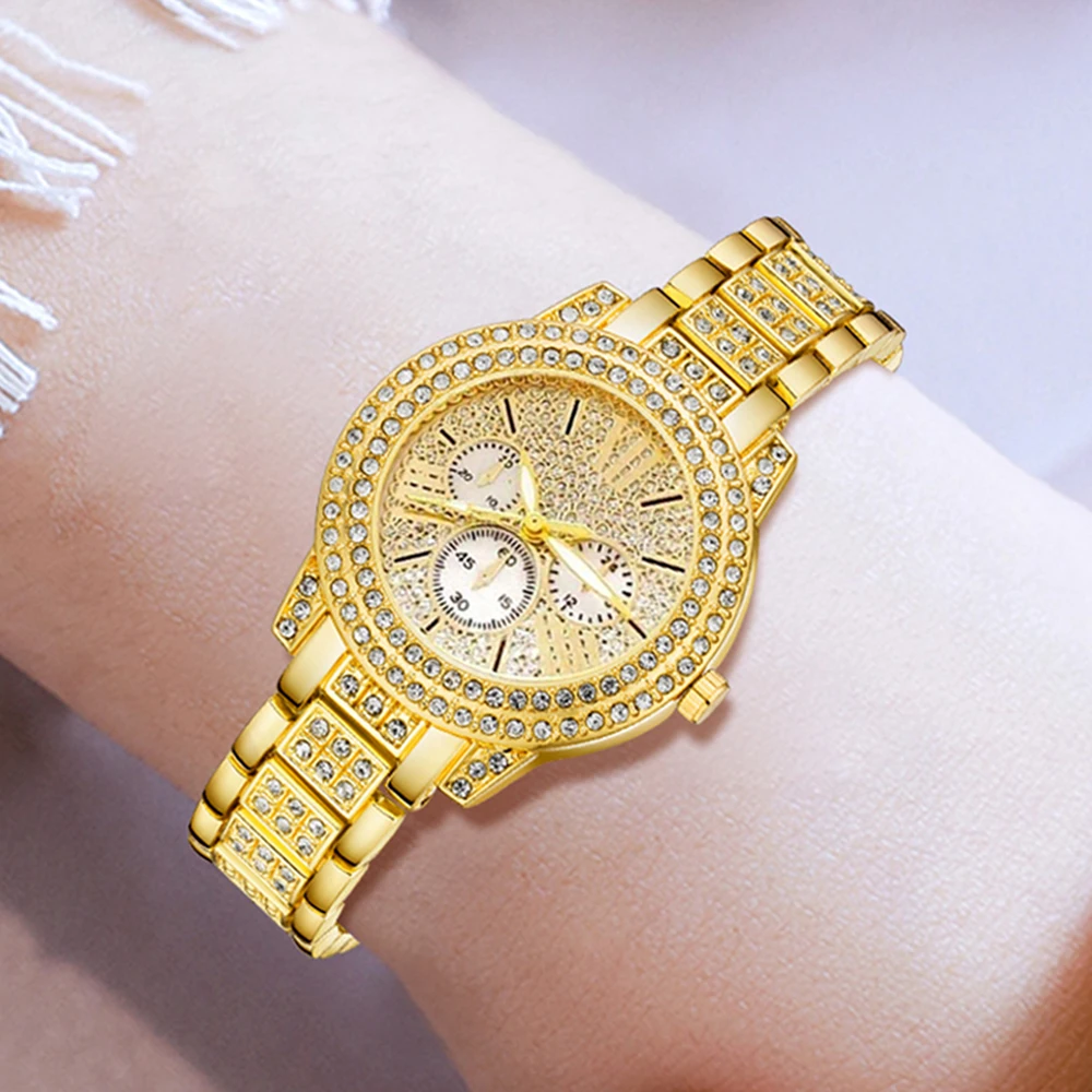 Women’s Quartz Watch Gold Luxury Women Ring Necklace Earring Rhinestone Fashion Wristwatch Casual Ladies Watches Jewelry Set ﻿