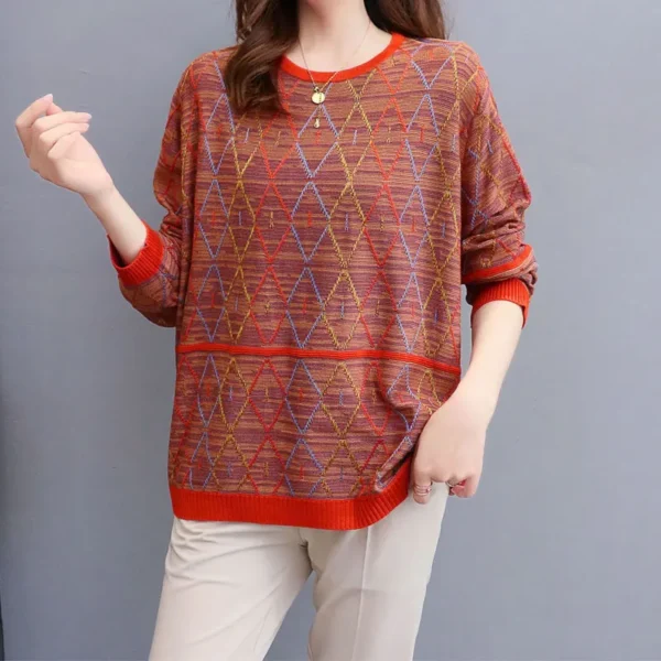 Women's Clothing 2025 Geometric Contrasting Colors Pullovers Autumn Winter Fashion Patchwork Korean All-match Round Neck T-shirt