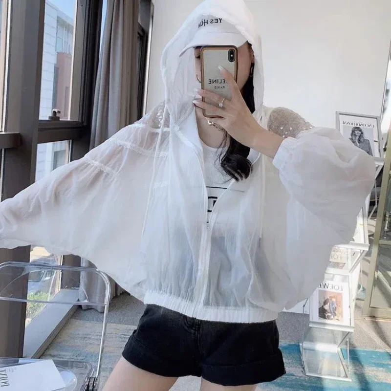 Women’s Clothing  Long Sleeve Hooded Hollow Out Spliced Sequin Fashionable Young Style Sunscreen Ventilation Coats XQ673