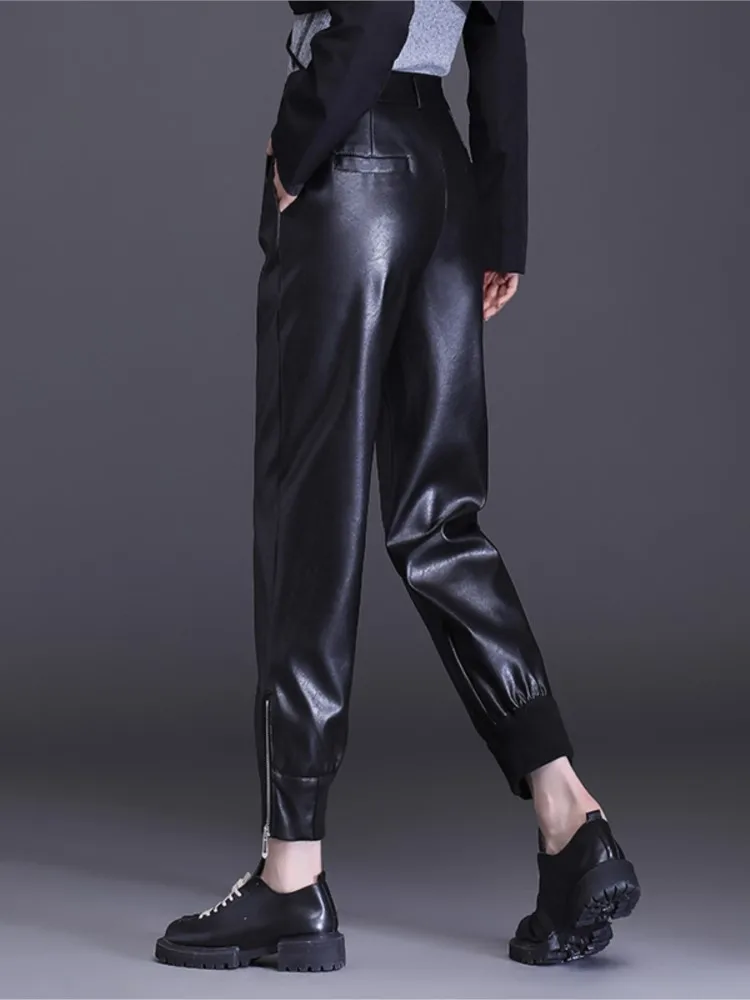 PU Leather Harem Pants For Women Streetwear Punk Motorcycle High Waist Loose Casual Pants Fashion Black Trousers Female