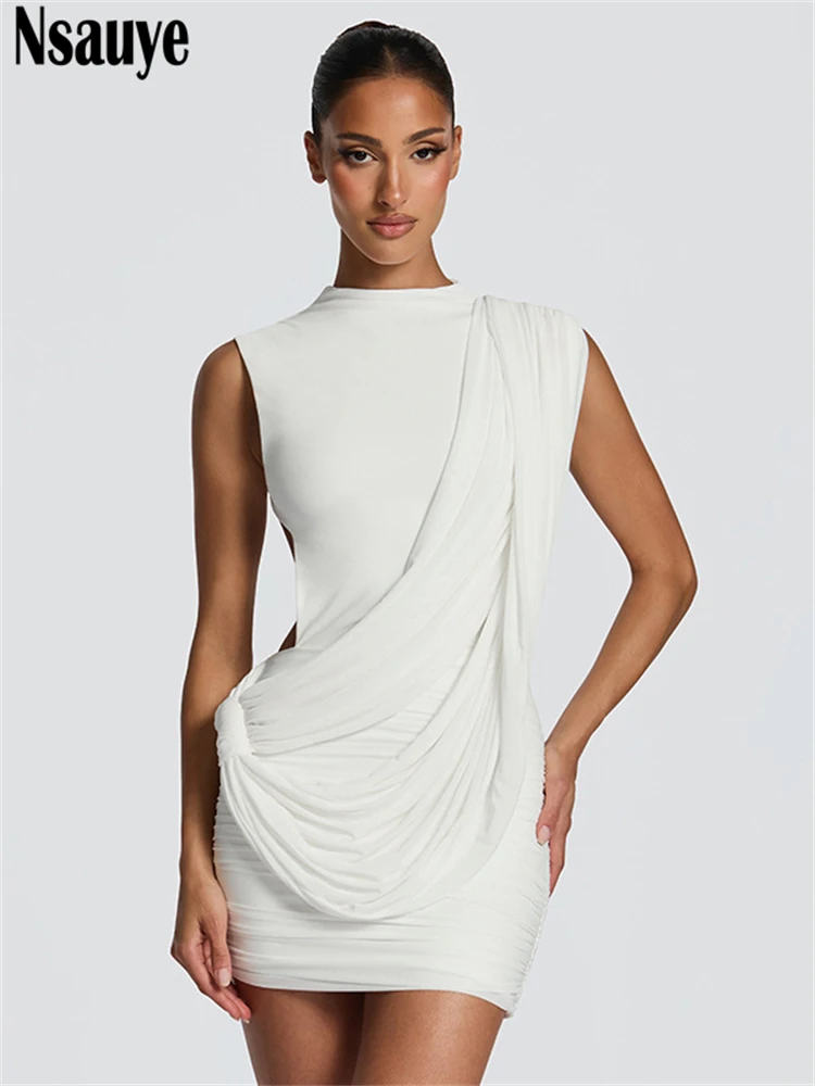 Nsauye Casual Women Pullover Short Fashion Evening Party Basic Dress Backless O Neck Sexy Night Club Brown Elegant Dress Summer