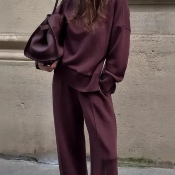 Women Autumn 2 Piece Set Casual Simple Solid Long Sleeve Turtleneck Pullover Top Loose Wide Legs Pants Sets 2025 Lady Outfit