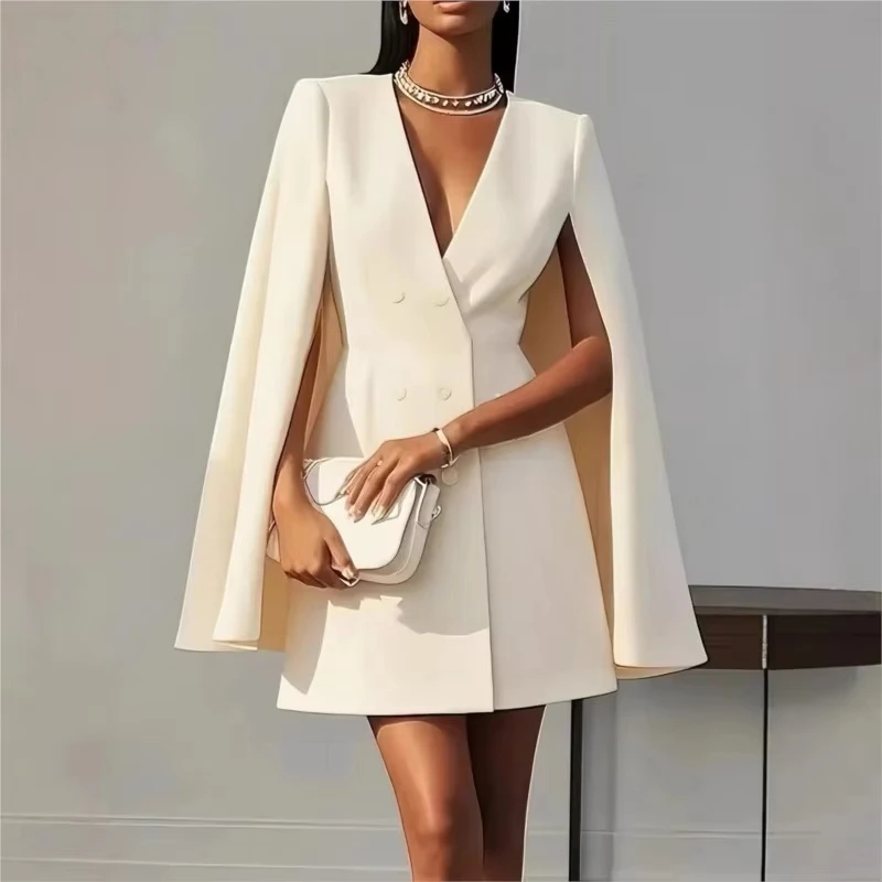 Women's suit dress for autumn office wear, double-breasted cape-like cloak, solid color V-neck suit jacket - Image 10