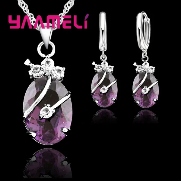 New Fashion Vintage Jewelry Sets For Women 925 Sterling Silver Crystal Stone Pendant Charms Wedding Necklace Hoop Earrings