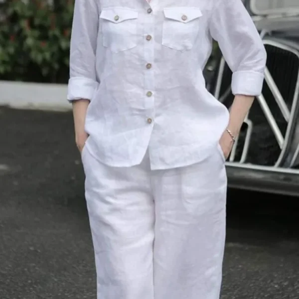 Women Elegant Lapel Neck Long Sleeve Shirt Pants Sets 2PCS Fashion Autumn Outifits Solid Work Trousers Suits Tracksuit