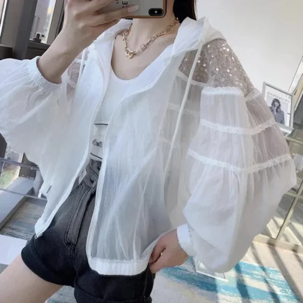Women's Clothing  Long Sleeve Hooded Hollow Out Spliced Sequin Fashionable Young Style Sunscreen Ventilation Coats XQ673