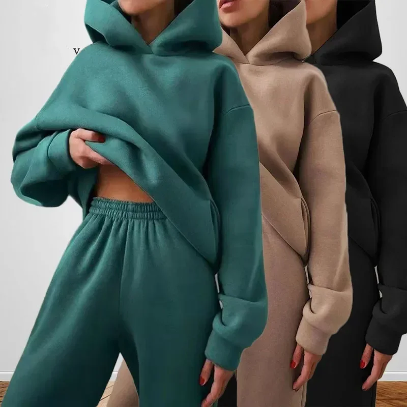 Women’s Tracksuit Casual Solid Long Sleeve Hooded Sport Suits Autumn Warm Hoodie Sweatshirts and Long Pant Fleece Two Piece Sets