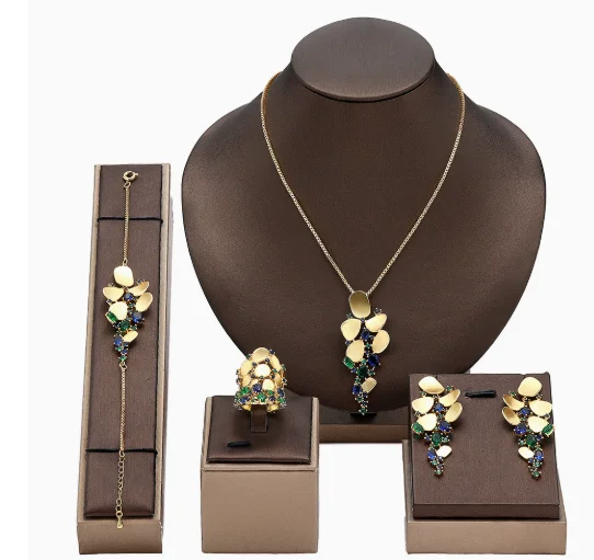 Hot selling fashion luxury jewelry set 18k real gold paired with colorful gemstone dress chain